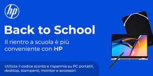nella parte superiore è presente il logo di HP, subito sotto c'è la scritta Back to School con un sottotitolo che cita "il rientro a scuola è più conveniente con HP" e sulla destra sono rappresentati un tablet e un PC portatile