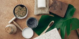 serie di prodotti per la skincare waterless con spazzola e foglia