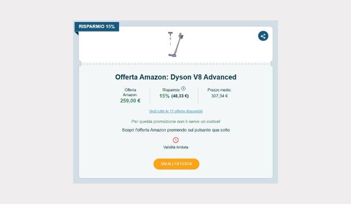 Schermata del Coupon Amazon con scopa elettrica Dyson V8 Advanced in offerta a 259,00€, evidenziato risparmio del 15% e pulsante arancione per accedere all’offerta