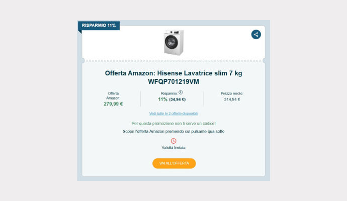 Schermata del Coupon Amazon con lavatrice Hisense Lavatrice slim 7 kg WFQP701219VM in offerta a 279,99€, evidenziato risparmio del 11% e pulsante arancione per accedere all’offerta