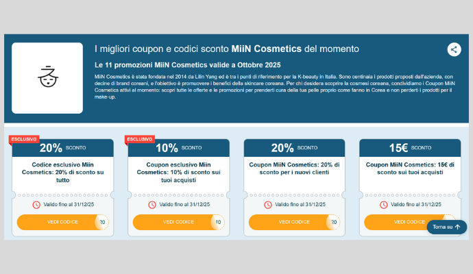 Logo MiiN Cosmetics su sfondo bianco con accanto una descrizione che annuncia le promozioni e i coupon attivi. A seguire, 4 Coupon MiiN Cosmetics con relativi codici esclusivi e scadenze.
