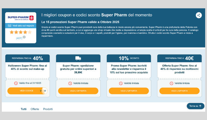 Logo Super Pharm su sfondo bianco con accanto una descrizione che annuncia le promozioni e i coupon attivi. A seguire, 4 Coupon Super Pharm con relativi codici esclusivi e scadenze. Logo Super Pharm su sfondo bianco con accanto una descrizione che annuncia le promozioni e i coupon attivi. A seguire, 4 Coupon Super Pharm con relativi codici esclusivi e scadenze.
