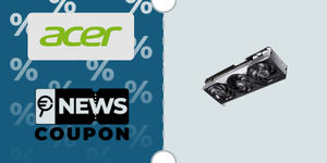 Schermata con logo Acer e sotto la scritta News Coupon. Accanto è rappresentata la scheda grafica Acer Radeon RX 9070 Nitro OC 16GB