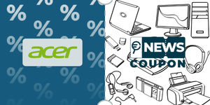 Logo Acer su sfondo blu, affiancato dalla scritta News Coupon su sfondo con pattern di icone in bianco e nero.