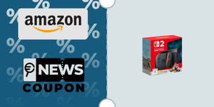 Schermata con logo Amazon e sotto la scritta News Coupon. Accanto è rappresentata confezione con Nintendo Switch 2 + Mario Kart World