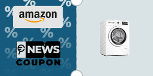 Schermata con logo Amazon e sotto la scritta News Coupon. Accanto è rappresentata la Lavatrice bianca Bosch WGE03200IT