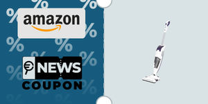 Schermata con logo Amazon e sotto la scritta News Coupon. Accanto è rappresentata la scopa elettrica senza fili Rowenta Clean & Steam Revolution RY7731WH
