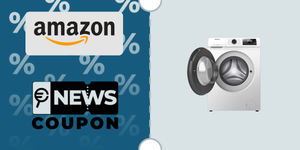 Schermata con logo Amazon e sotto la scritta News Coupon. Accanto è rappresentata la lavatrice Hisense Lavatrice slim 7 kg WFQP701219VM