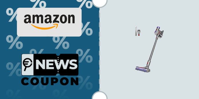 Schermata con logo Amazon e sotto la scritta News Coupon. Accanto è rappresentata la scopa elettrica Dyson V8 Advanced