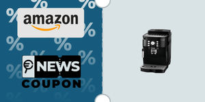 Schermata con logo Amazon e sotto la scritta News Coupon. Accanto è rappresentata la macchina da caffè De'Longhi Magnifica S ECAM 21.110 Nero