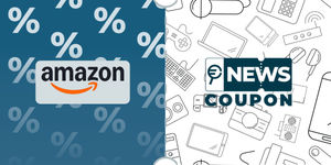 Logo Amazon su sfondo blu, affiancato dalla scritta News Coupon su sfondo con pattern di icone in bianco e nero.