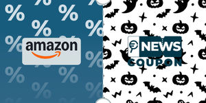 Logo Amazon su sfondo blu, affiancato dalla scritta News Coupon su sfondo con pattern di icone in bianco e nero.