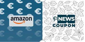 Logo Amazon su sfondo blu, affiancato dalla scritta News Coupon su sfondo con pattern di icone in bianco e nero.