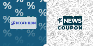 Logo Decathlon su sfondo blu, affiancato dalla scritta News Coupon su sfondo con pattern di icone in bianco e nero.