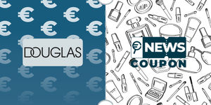 Logo Douglas su sfondo blu, affiancato dalla scritta News Coupon su sfondo con pattern di icone in bianco e nero.
