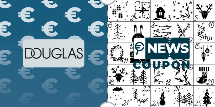 Logo Douglas su sfondo blu, affiancato dalla scritta News Coupon su sfondo con pattern di icone in bianco e nero.