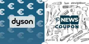 Logo Dyson su sfondo blu, affiancato dalla scritta News Coupon su sfondo con pattern di icone in bianco e nero.