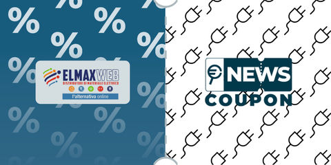 Logo Elmaxweb su sfondo blu, affiancato dalla scritta News Coupon su sfondo con pattern di icone in bianco e nero.