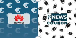 Logo Huawei su sfondo blu, affiancato dalla scritta News Coupon su sfondo con pattern di icone in bianco e nero.