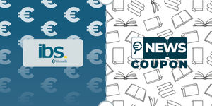 Logo IBS su sfondo blu, affiancato dalla scritta News Coupon su sfondo con pattern di icone in bianco e nero.