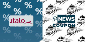 Logo Italo su sfondo blu, affiancato dalla scritta News Coupon su sfondo con pattern di icone in bianco e nero.