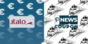 Logo Italo su sfondo blu, affiancato dalla scritta News Coupon su sfondo con pattern di icone in bianco e nero.