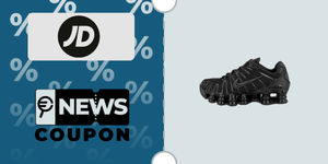 Schermata con logo JD Sports e sotto la scritta News Coupon. Accanto è rappresentata la sneaker Nike Shox TL
