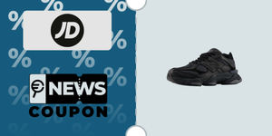 Schermata con logo JD Sports e sotto la scritta News Coupon. Accanto è rappresentata la sneaker New Balance nera 9060 da Bambino