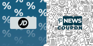 Logo JD Sports su sfondo blu, affiancato dalla scritta News Coupon su sfondo con pattern di icone in bianco e nero.