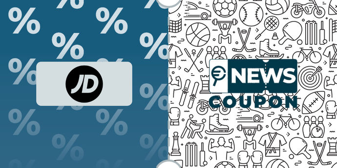 Logo JD Sports su sfondo blu, affiancato dalla scritta News Coupon su sfondo con pattern di icone in bianco e nero.