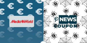 Logo MediaWorld su sfondo blu, affiancato dalla scritta News Coupon su sfondo con pattern di icone in bianco e nero.