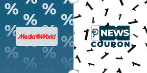 Logo MediaWorld su sfondo blu, affiancato dalla scritta News Coupon su sfondo con pattern di icone in bianco e nero.
