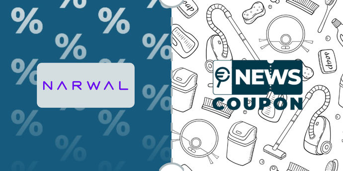 Logo Narwal su sfondo blu, affiancato dalla scritta News Coupon su sfondo con pattern di icone in bianco e nero.