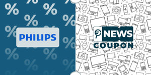 Logo Philips u sfondo blu, affiancato dalla scritta News Coupon su sfondo con pattern di icone in bianco e nero.