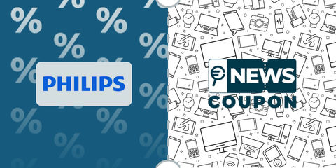 Logo Philips u sfondo blu, affiancato dalla scritta News Coupon su sfondo con pattern di icone in bianco e nero.