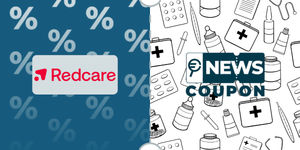Logo Redcare su sfondo blu, affiancato dalla scritta News Coupon su sfondo con pattern di icone in bianco e nero.