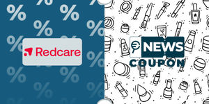 Logo Redcare su sfondo blu, affiancato dalla scritta News Coupon su sfondo con pattern di icone in bianco e nero.