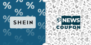 Logo Shein su sfondo blu, affiancato dalla scritta News Coupon su sfondo con pattern di icone in bianco e nero.