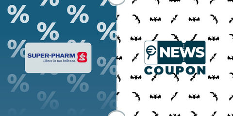 Logo Super Pharm su sfondo blu, affiancato dalla scritta News Coupon su sfondo con pattern di icone in bianco e nero.