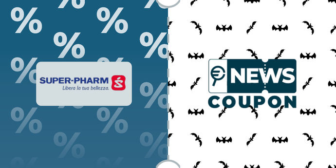 Logo Super Pharm su sfondo blu, affiancato dalla scritta News Coupon su sfondo con pattern di icone in bianco e nero.