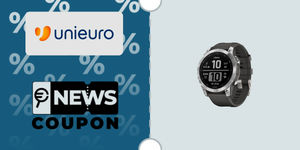 Schermata con logo Unieuro e sotto la scritta News Coupon. Accanto è rappresentato lo smartwatch Garmin Fenix 7 Grafite