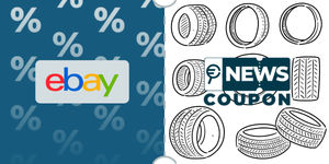 Logo eBay su sfondo blu, affiancato dalla scritta News Coupon su sfondo con pattern di icone in bianco e nero.