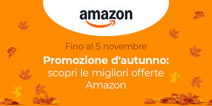 Logo Amazon nella parte superiore su sfondo bianco. Sotto è presente una scritta promozionale sull'evento "Promozione d'autunno si Amazon" su sfondo arancione con numerose foglie sui lati
