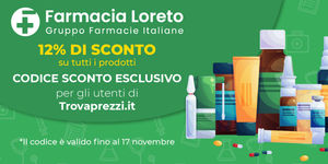 Logo di Farmacia Loreto e sotto scritta promozionale sull'evento in corso. Sul lato sono rappresentati flaconcini e barattoli di pillole e pomate