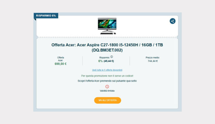 Il Miglior Coupon Acer Del Giorno Acer Aspire C27 1800 I5 12450h