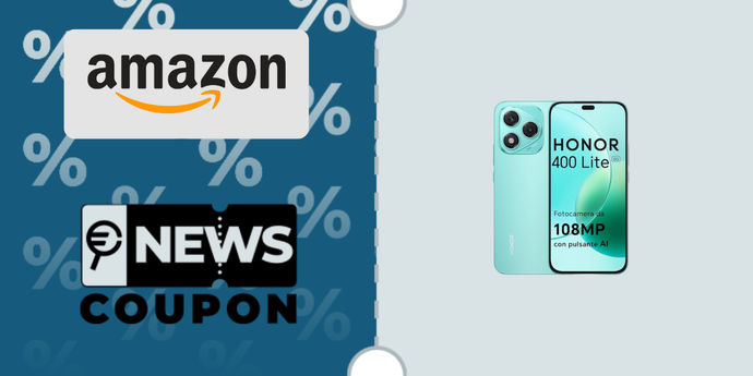 Schermata con logo Amazon e sotto la scritta News Coupon. Accanto è rappresentato lo smartphone Honor 400 Lite 8GB / 256GB