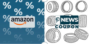 Logo Amazon su sfondo blu, affiancato dalla scritta News Coupon su sfondo con pattern di icone in bianco e nero.