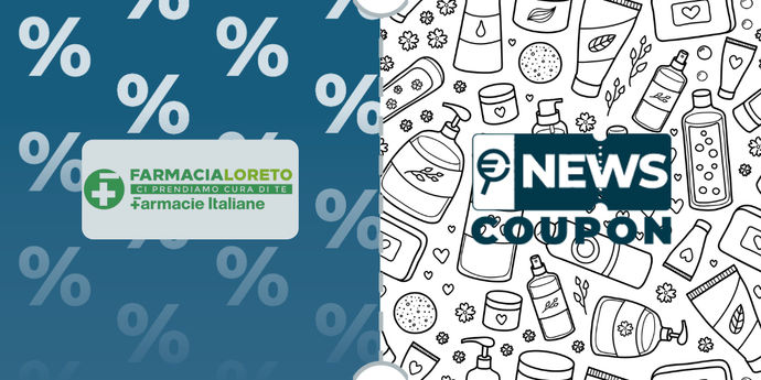 Logo Farmacia Loreto su sfondo blu, affiancato dalla scritta News Coupon su sfondo con pattern di icone in bianco e nero.