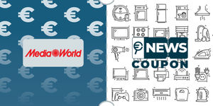 Logo MediaWorld su sfondo blu, affiancato dalla scritta News Coupon su sfondo con pattern di icone in bianco e nero.