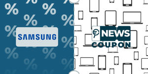Logo Samsung su sfondo blu, affiancato dalla scritta News Coupon su sfondo con pattern di icone in bianco e nero.